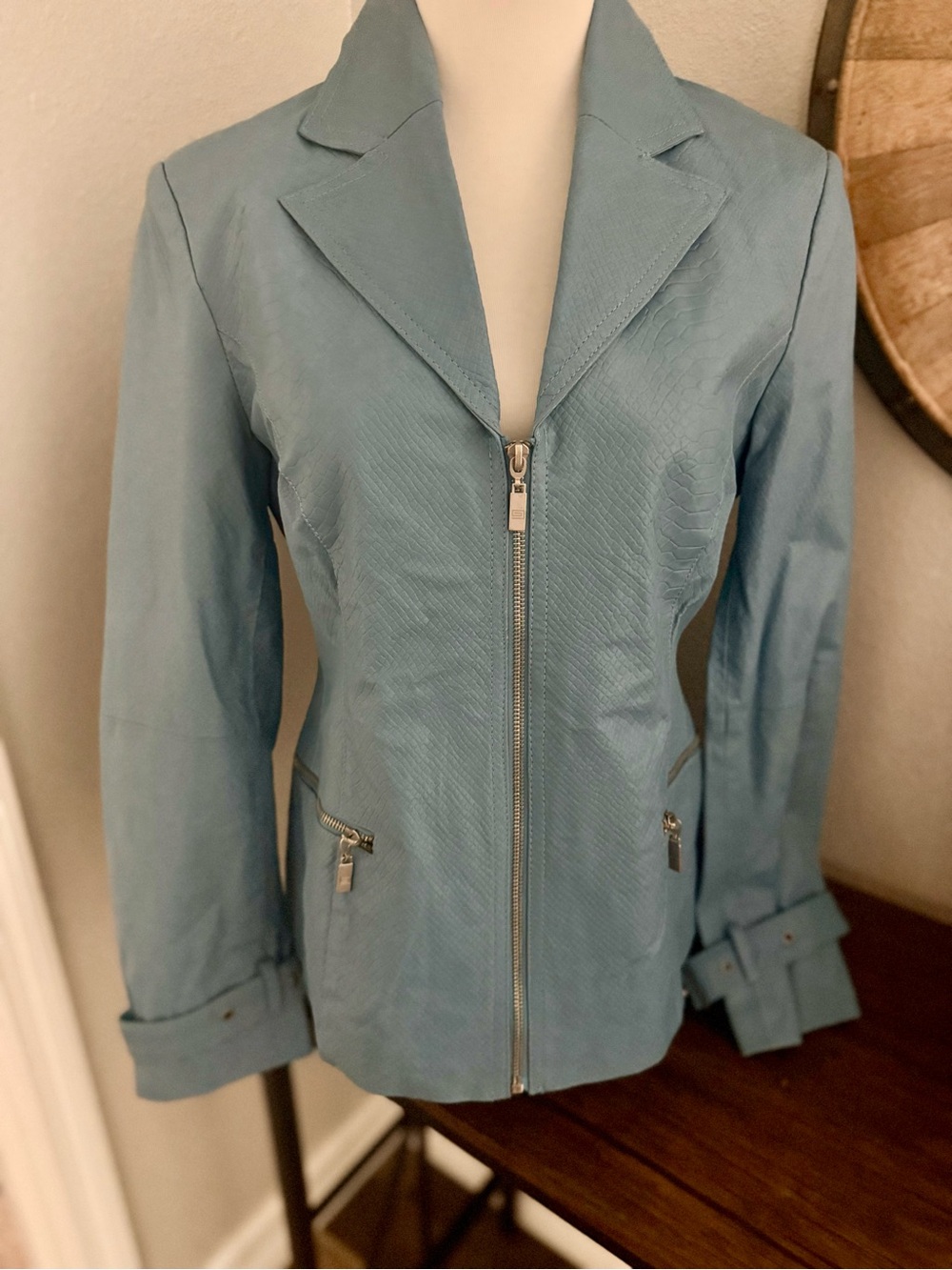 Pamela McCoy Genuine Leather Jacket NWT XS Blue Snake Croc Embossed Moto Zip